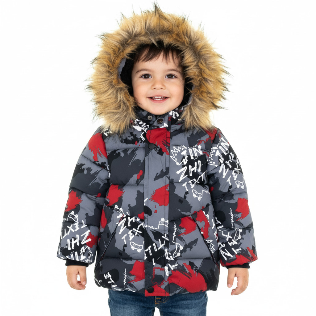 Karino Kids μπουφάν puffer με κουκούλα και αποσπώμενο γουνάκι «Red Textile»
