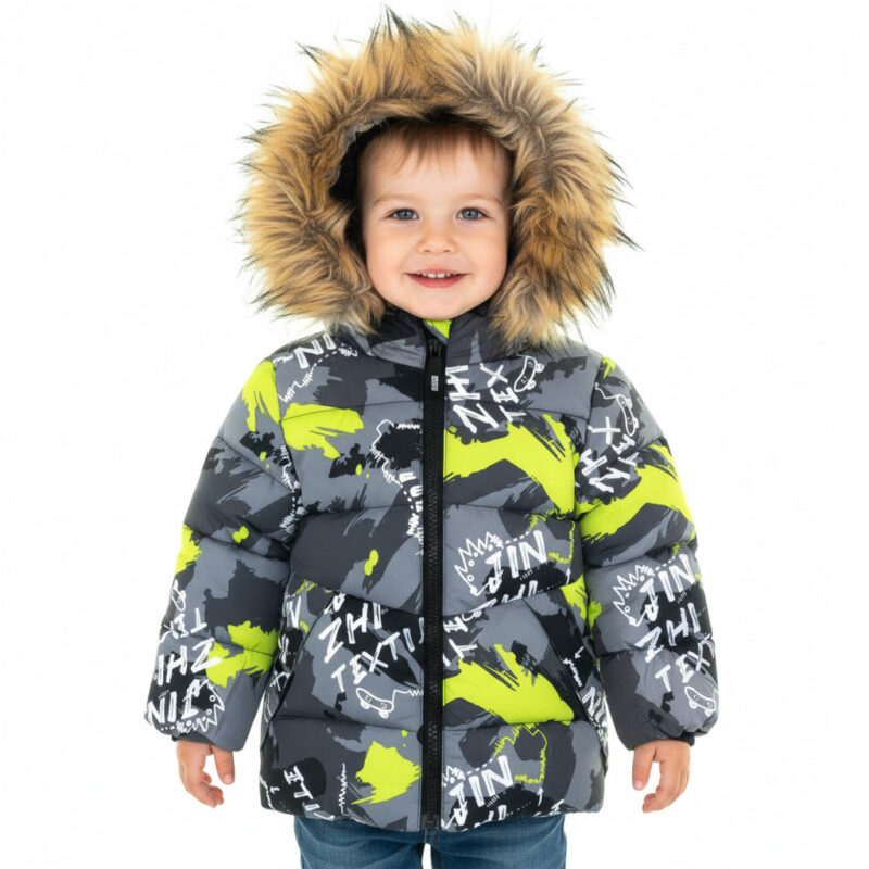 Karino Kids μπουφάν puffer με κουκούλα και αποσπώμενο γουνάκι «Green Textile»