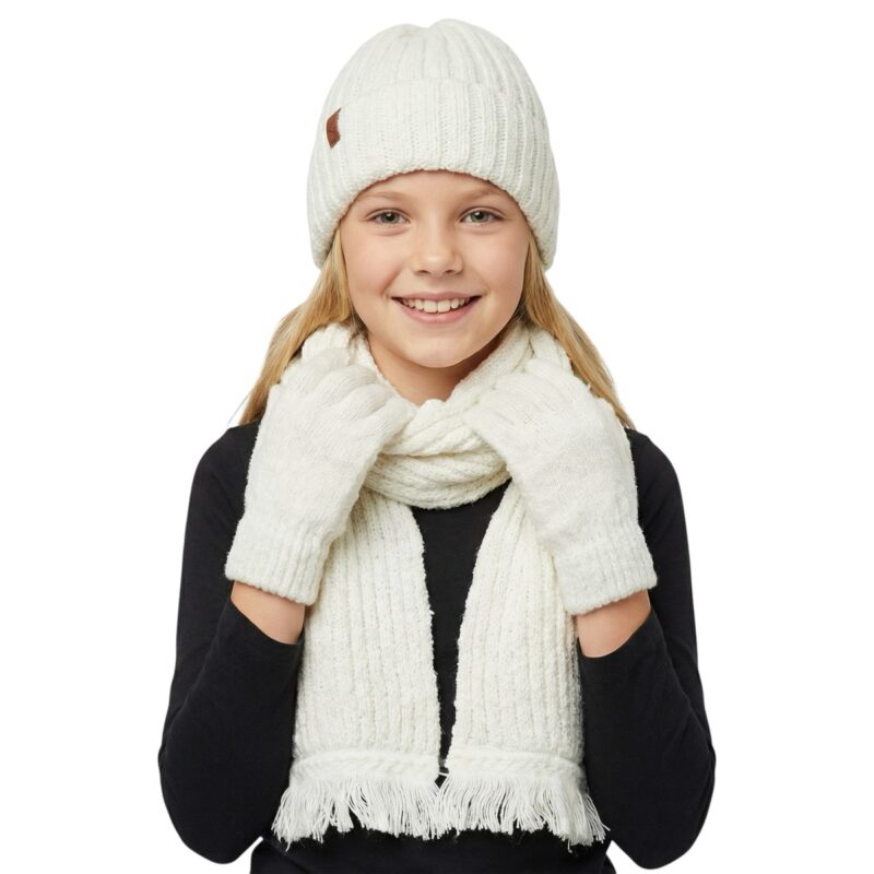 MeDa πλεκτό σετ σκούφος, κασκόλ και γάντια «Plain Ecru»