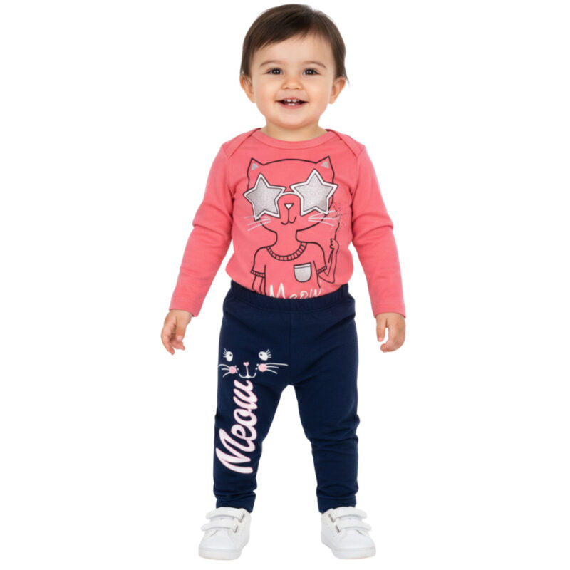 Baby Wood σετ από λεπτό ύφασμα κορμάκι και παντελόνι «Meow»