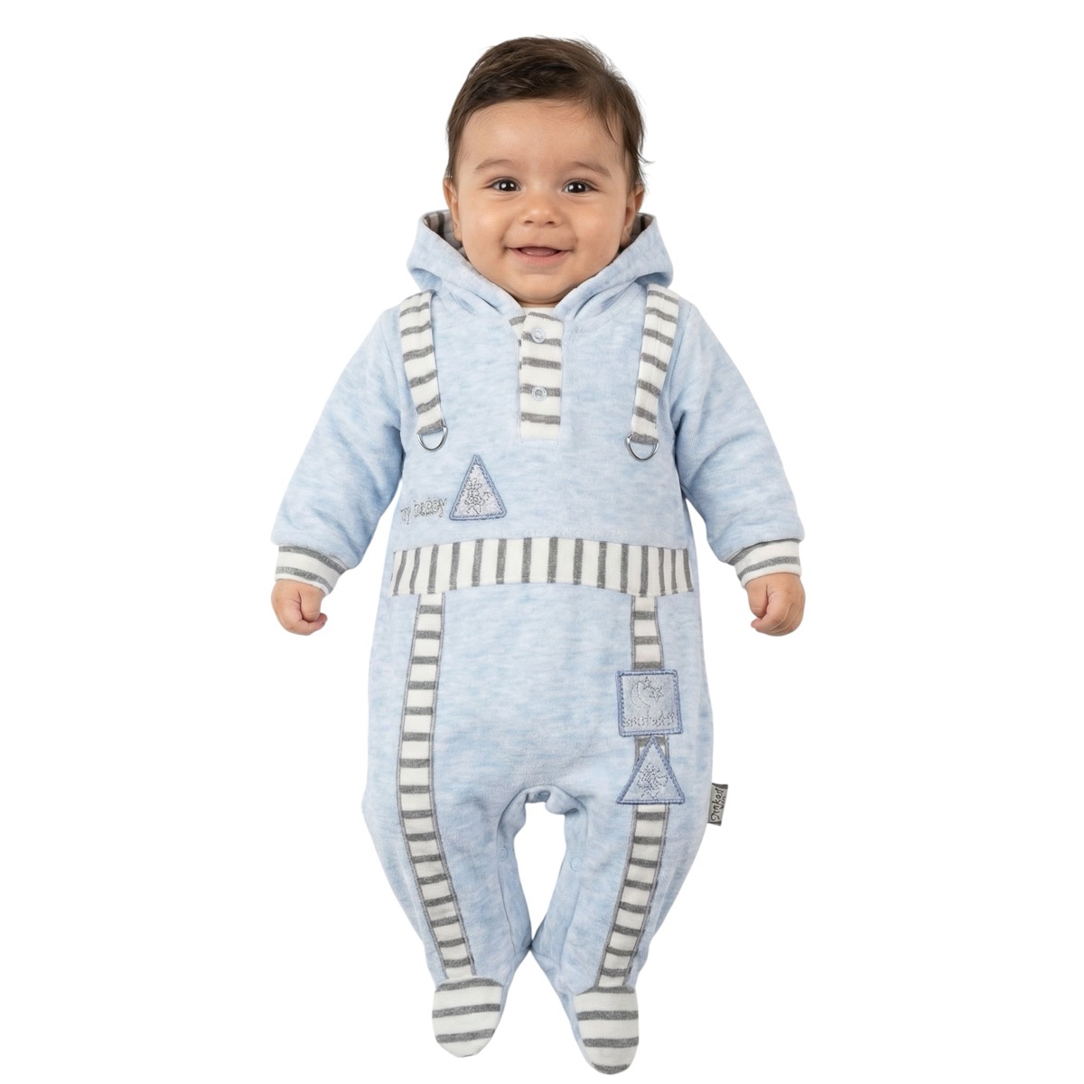 Mehad Bebe λεπτό ολόσωμο φορμάκι με κουκούλα «My Baby in Blue»