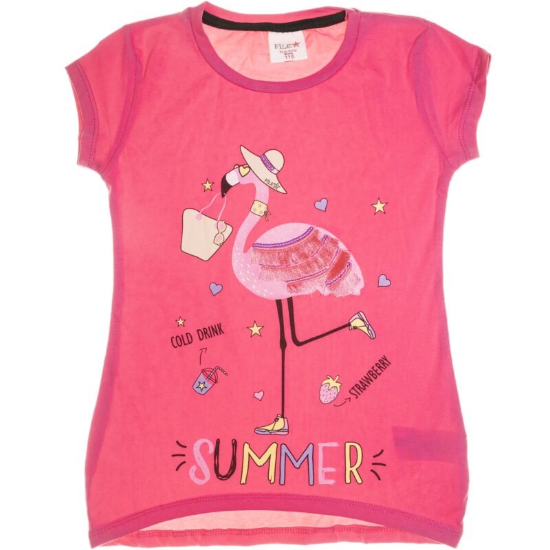 File κοντομάνικη μπλούζα με στάμπα και κρόσσια «Fuchsia Drinking Flamingo»