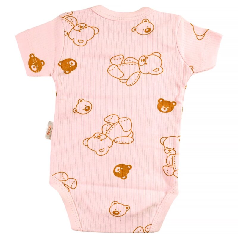 Ροζ βρεφικό κορμάκι Nayinom Pink Bears, κοντό μανίκι, 100% βαμβάκι, πρακτικά τρουκς.