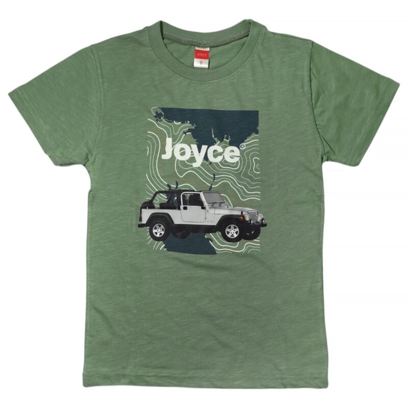 Καλοκαιρινό σετ Joyce Mountain Adventure, πράσινη μπλούζα με παιχνιδιάρικο τύπωμα και άνετη μπλε βερμούδα