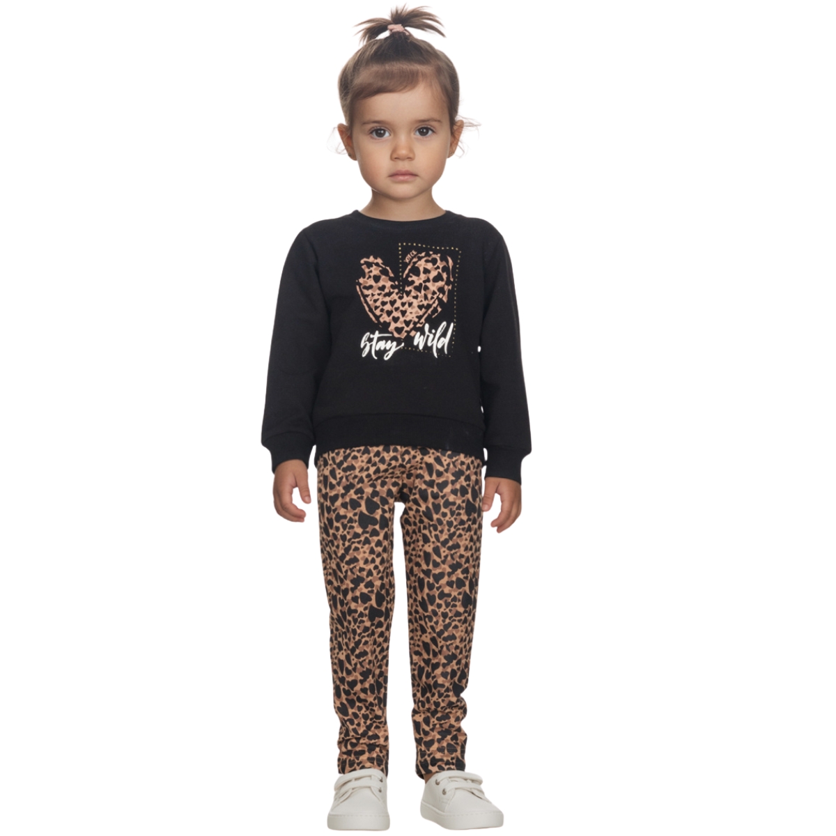 Joyce σετ φούτερ κορίτσι μαύρο με στάμπα και λεοπάρ κολάν