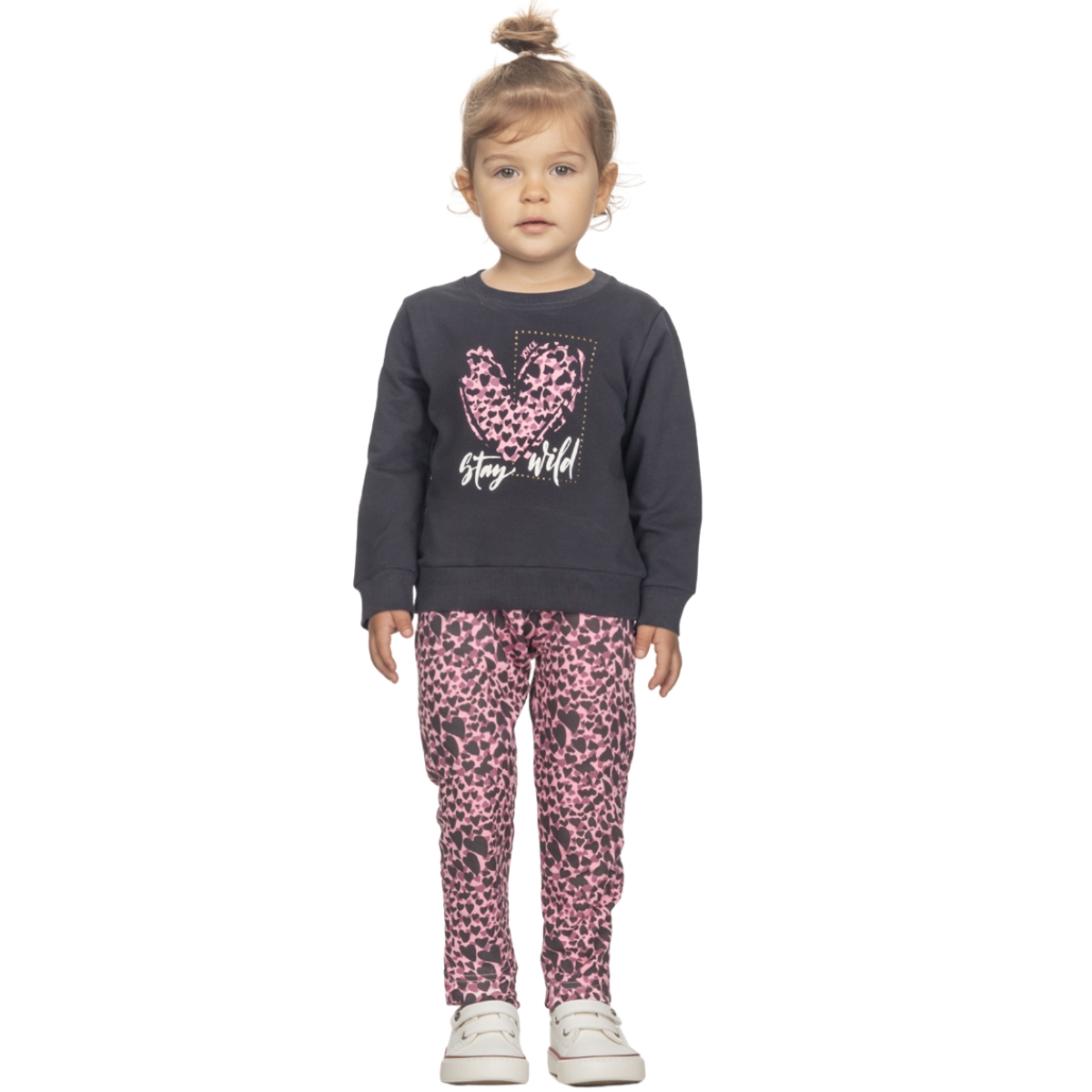 Joyce σετ φούτερ κορίτσι γκρι μπλούζα με στάμπα και λεοπάρ κολάν