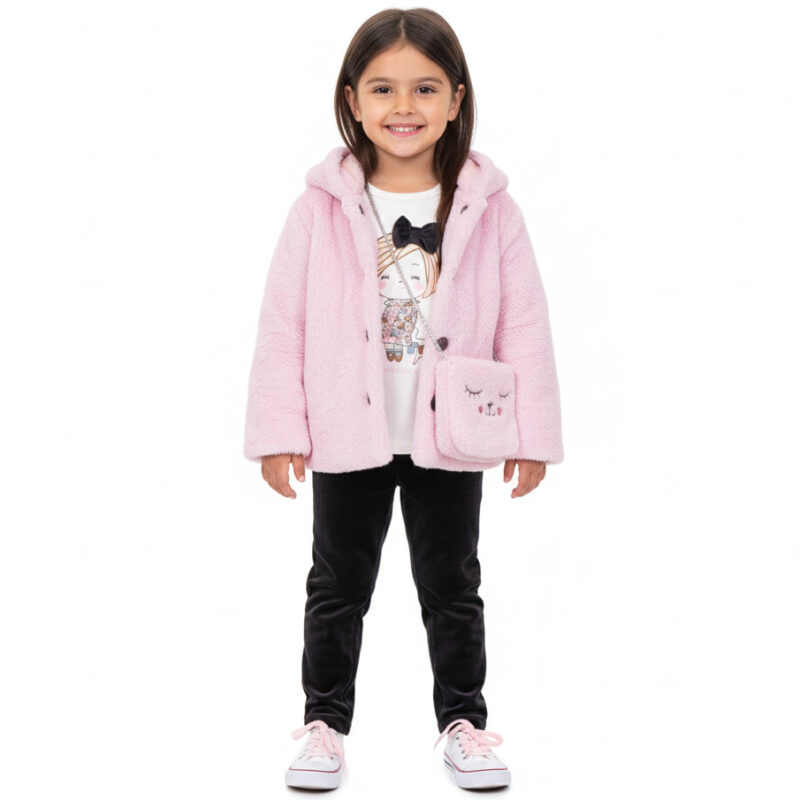 Trax σετ γούνινη ζακέτα, μπλούζα από λεπτό ύφασμα, βελουτέ κολάν και τσαντάκι «Awesome Girl»