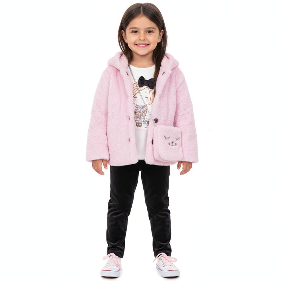 Trax σετ γούνινη ζακέτα, μπλούζα από λεπτό ύφασμα, βελουτέ κολάν και τσαντάκι «Awesome Girl»