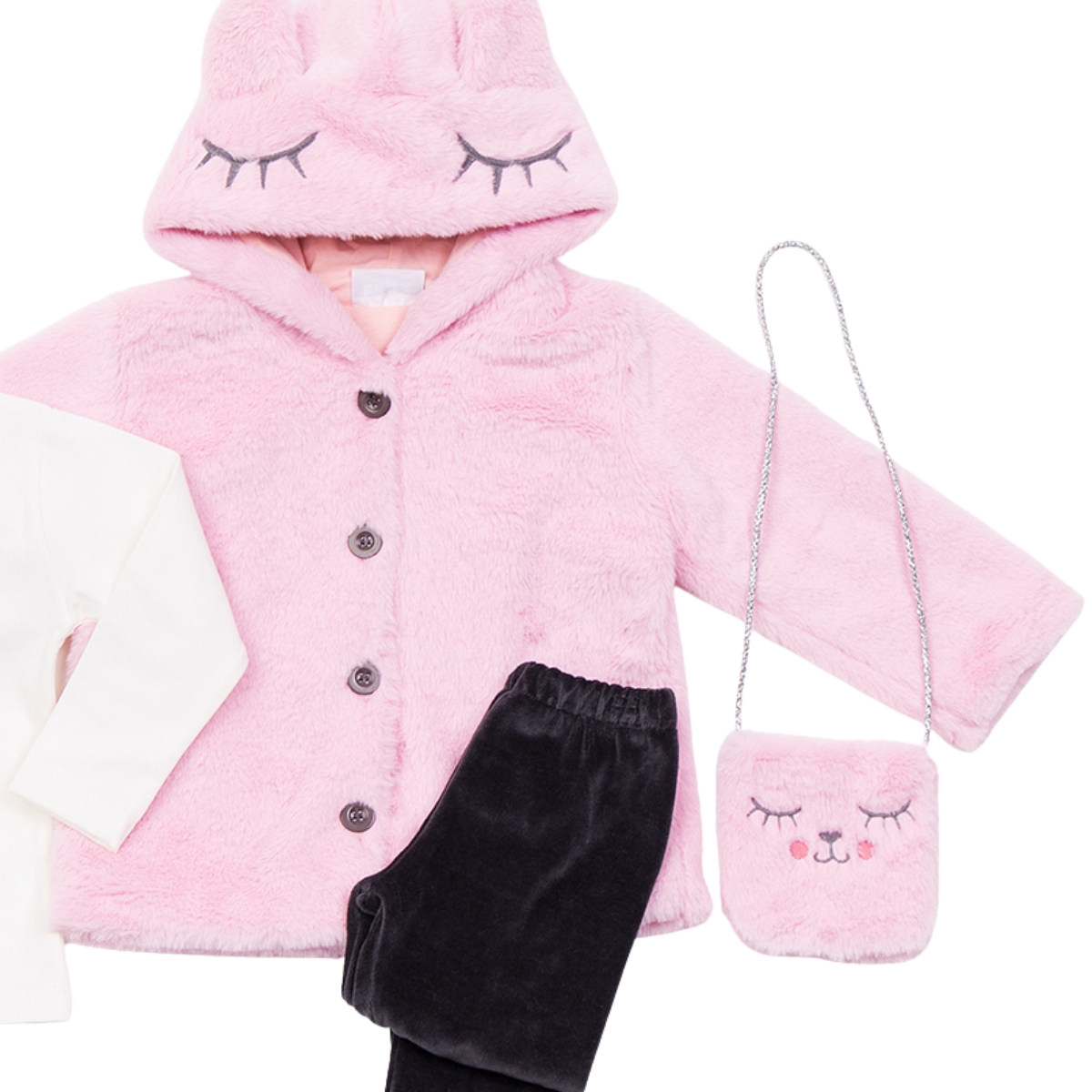 Ροζ γούνινη ζακέτα με εκρού μπλούζα και γκρι βελουτέ κολάν