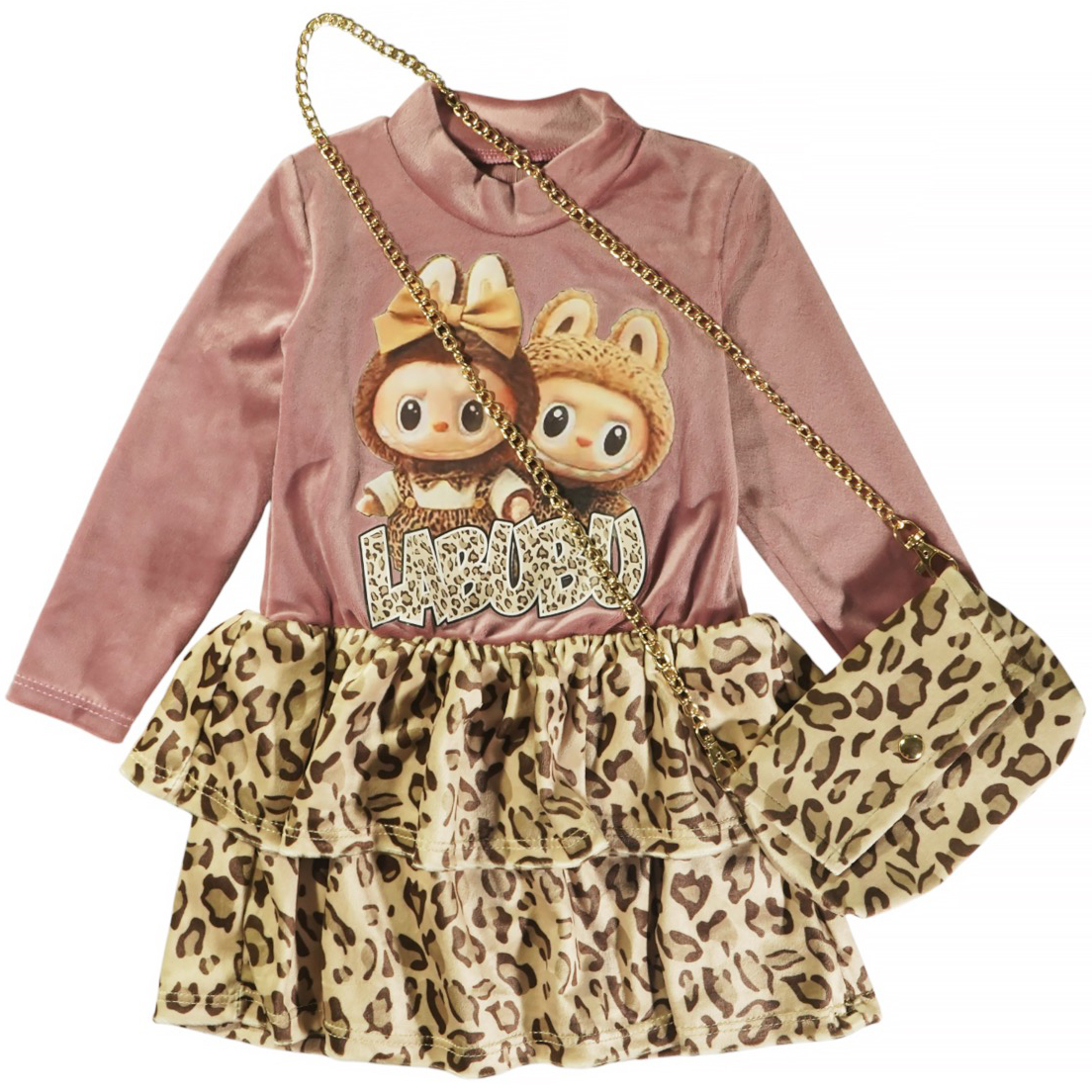 Φόρεμα σάπιο μήλο και λεοπάρ με τσαντάκι για κορίτσι