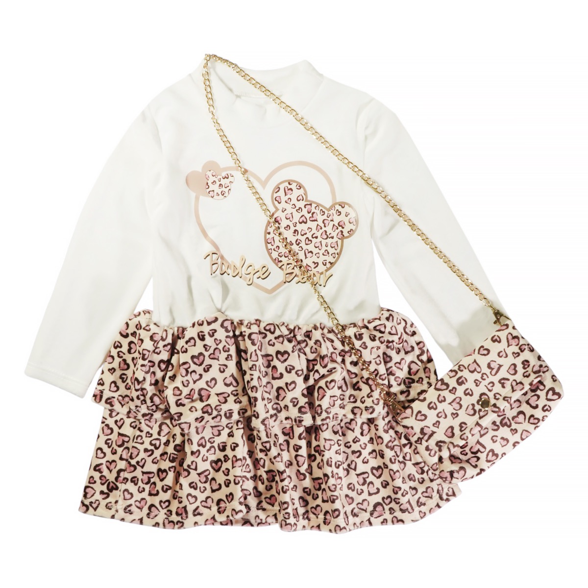 Εκρού φόρεμα με λεοπάρ και τσαντάκι για κορίτσι