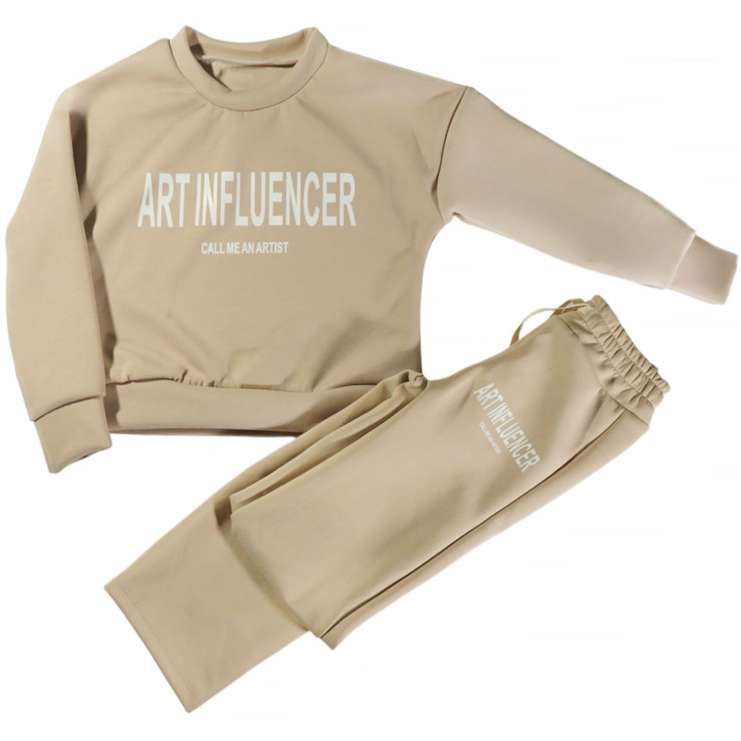 AZ σετ μπλούζα και παντελόνα μπεζ για κορίτσι με τύπωμα "Call Me An Artist".