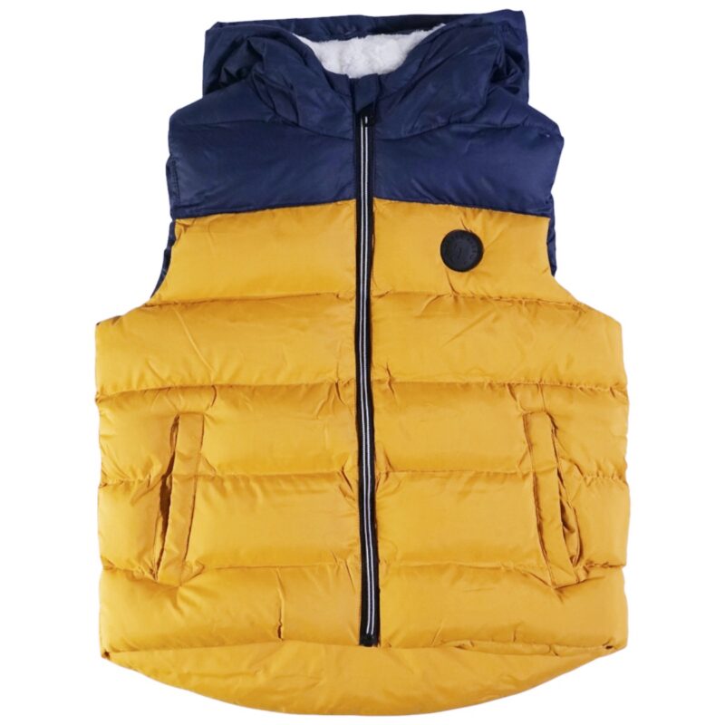 Αμάνικο puffer μπουφάν Joyce σε color block μπλε και μουσταρδί