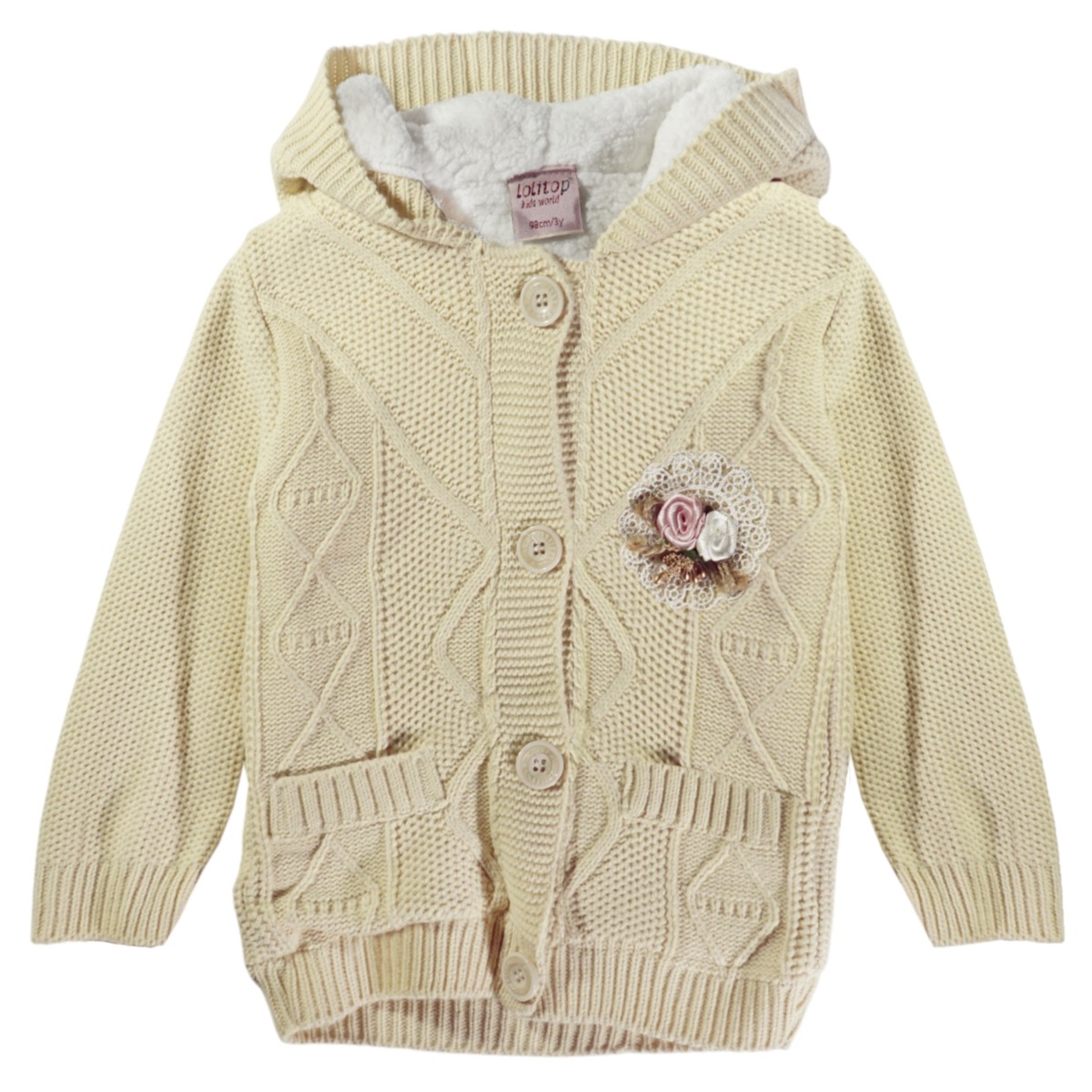 Lolitop Kids πλεκτή ζακέτα με κουκούλα και επένδυση "Classical" σε μπεζ, με χαριτωμένη καρφίτσα με λουλούδια.