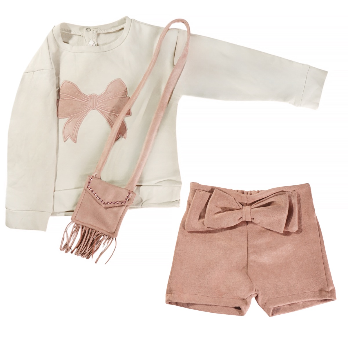 Gamzelim σετ μπλούζα σορτσάκι μπεζ με τσαντάκι για κορίτσια