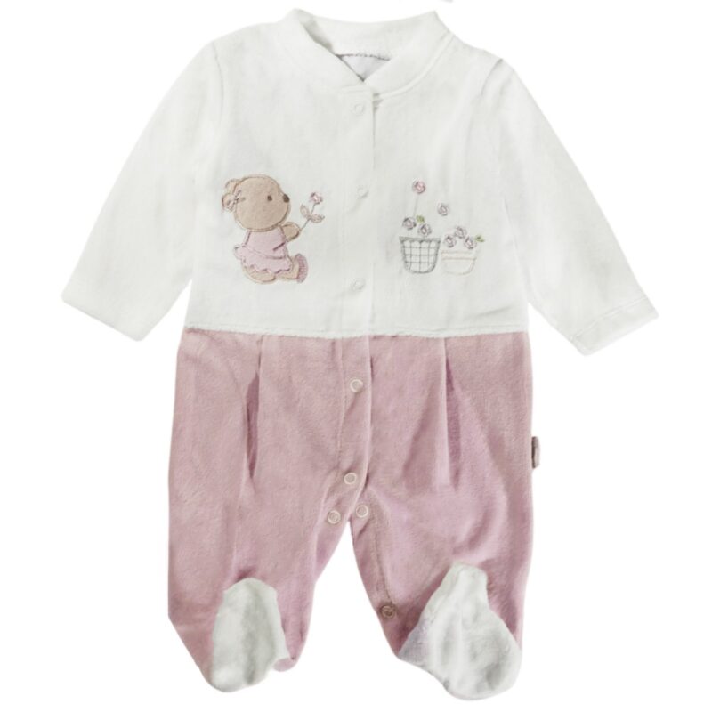 Annora Baby ολόσωμο βελουτέ φορμάκι με απλικέ σχέδιο αρκουδάκι μπροστά.