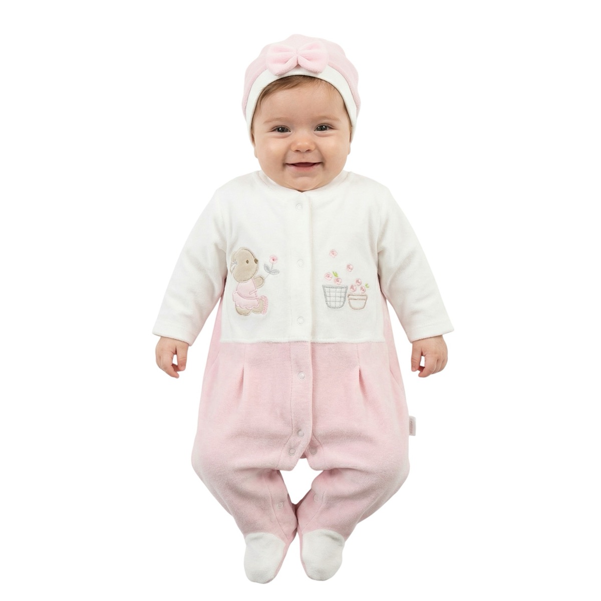 Annora Baby ολόσωμο βελουτέ φορμάκι με σκουφάκι «Lovely Pink Teddy»