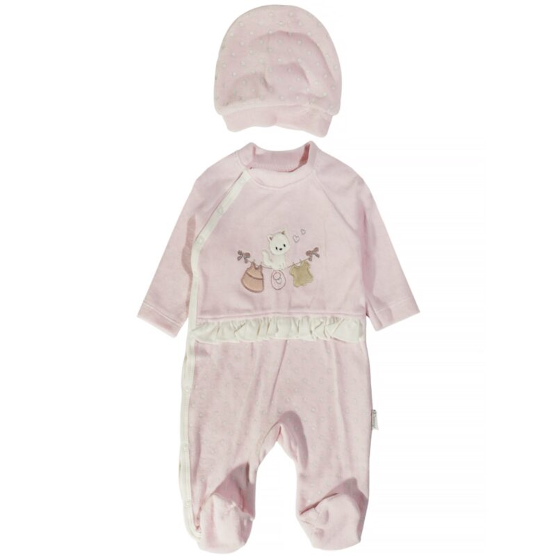 Annora Baby βελουτέ φορμάκι ροζ με σκουφάκι για κορίτσι