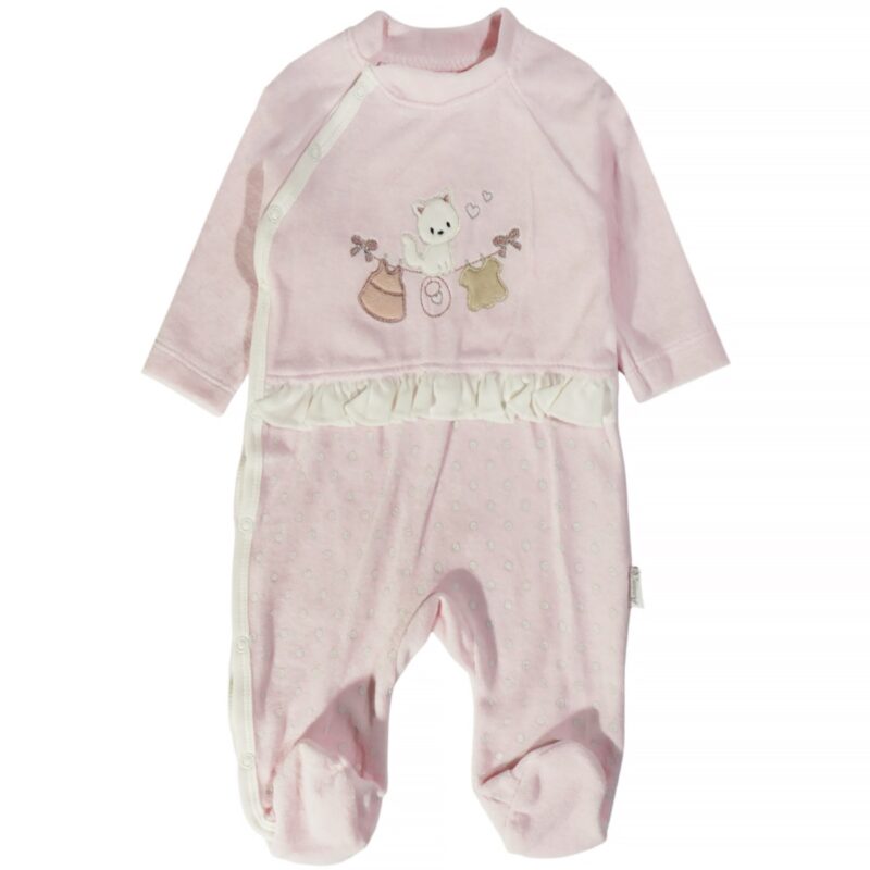 Annora Baby ολόσωμο ροζ φορμάκι με απλικέ σχέδια γατάκι μπροστά