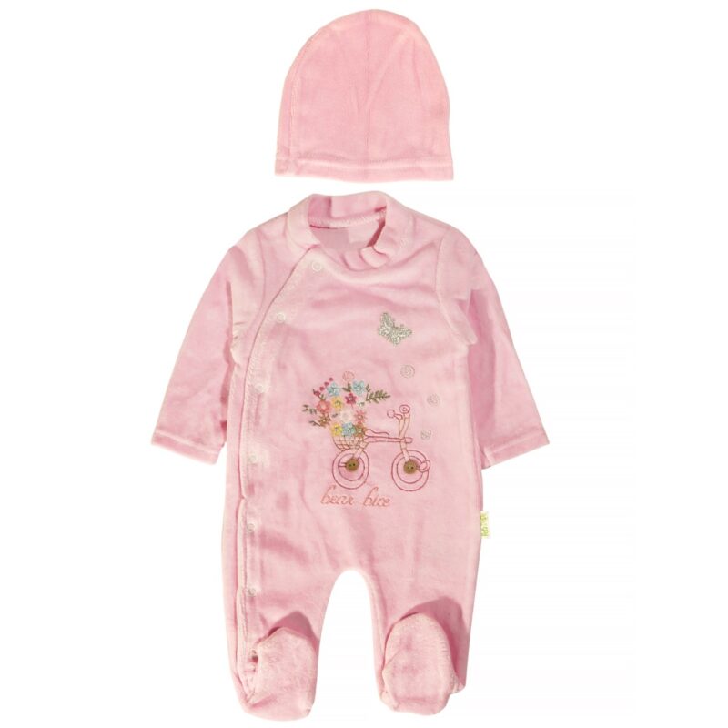 Pera Bebe ολόσωμο βελουτέ φορμάκι με σκουφάκι «Lovely Pink Teddy»