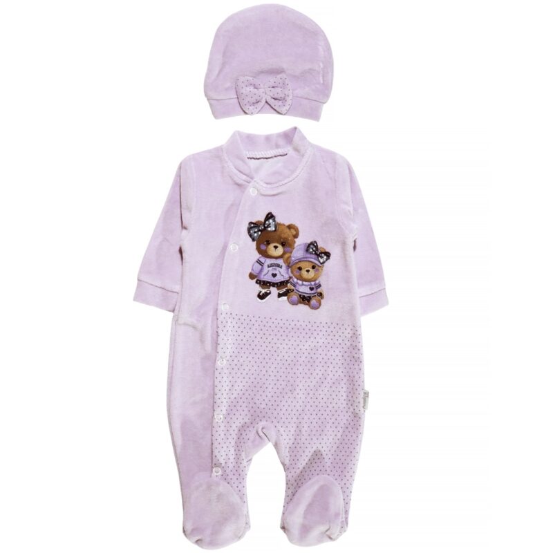 Annora Baby ολόσωμο μοβ φορμάκι με χαριτωμένα απλικέ σχέδια μπροστά