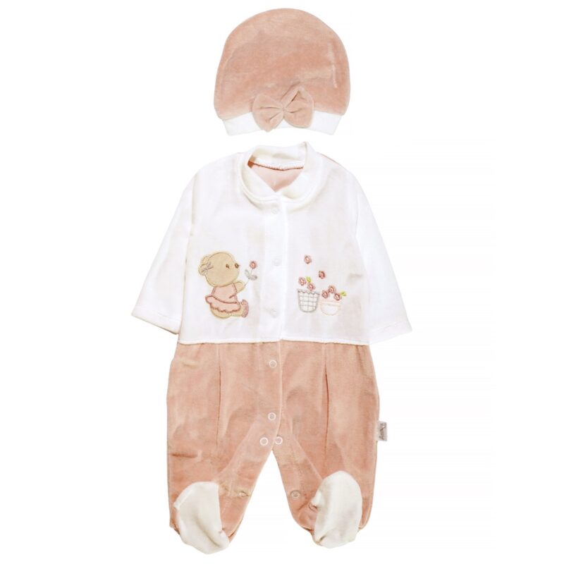 Annora Baby ολόσωμο βελουτέ φορμάκι σομόν με σκουφάκι για κορίτσια