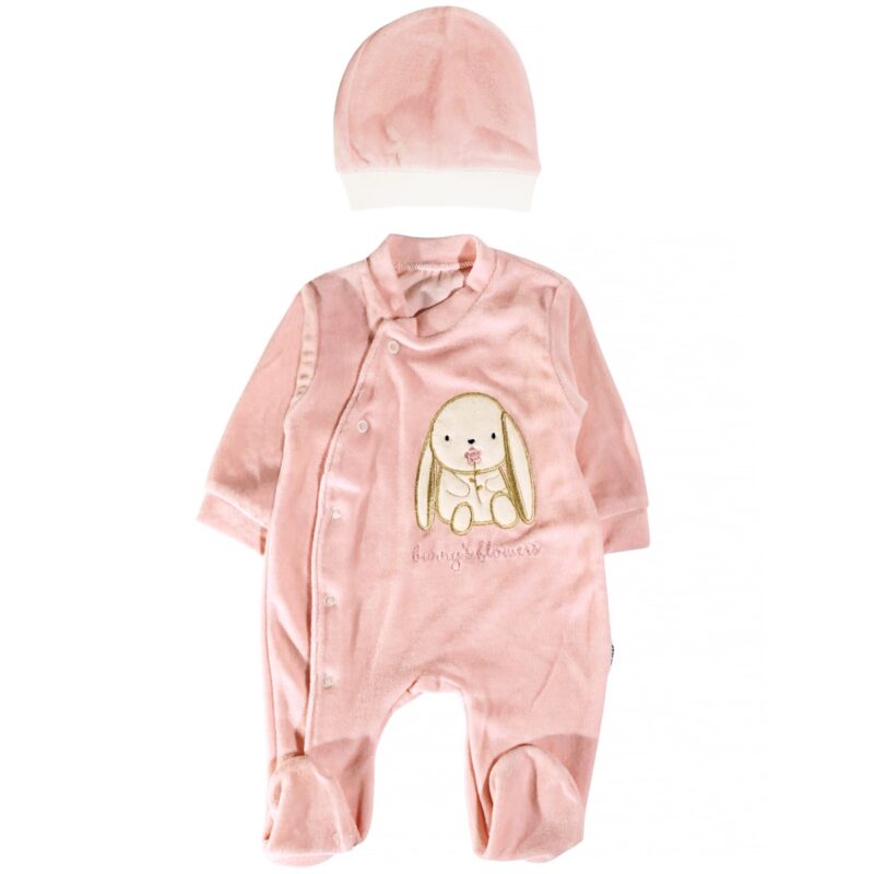 Efilix Baby ολόσωμο βελουτέ φορμάκι ροζ με σκουφάκι για κορίτσια