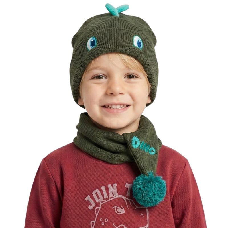 Kitti πλεκτό σετ σκούφος και κασκόλ «Oil Dino»
