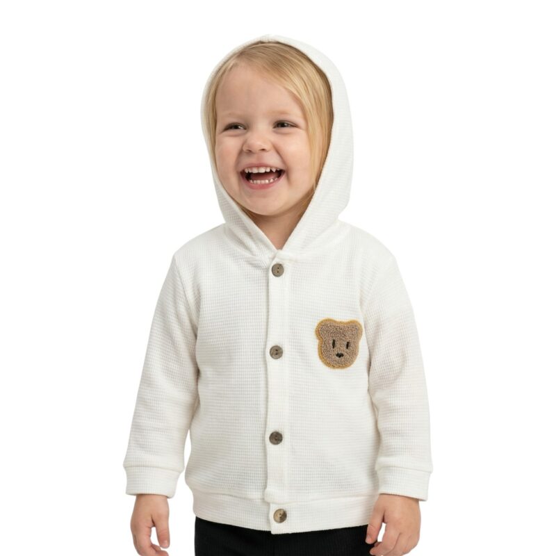 Mancar βρεφική ζακετούλα με κουκούλα από λεπτό ύφασμα «Teddy in Ecru»