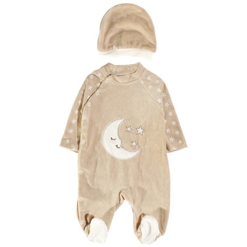 Annora Baby ολόσωμο βελουτέ φορμάκι μπεζ για αγοράκι με σκουφάκι