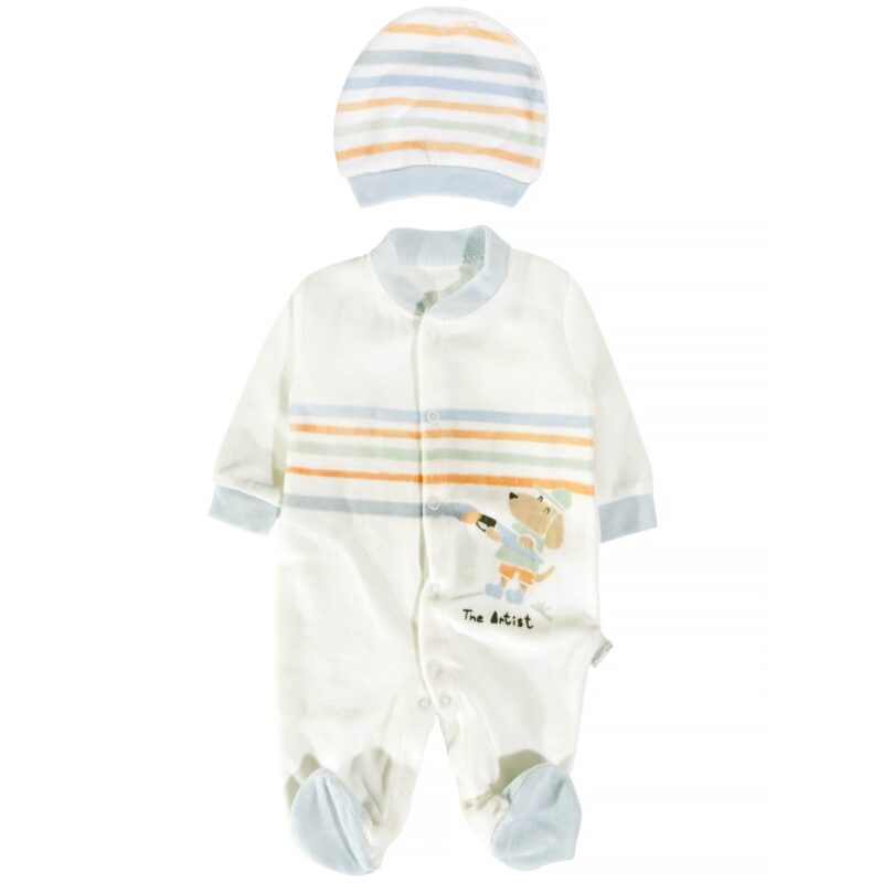 Annora Baby βελουτέ φορμάκι εκρού με σκουφάκι και τύπωμα The Blue Artist