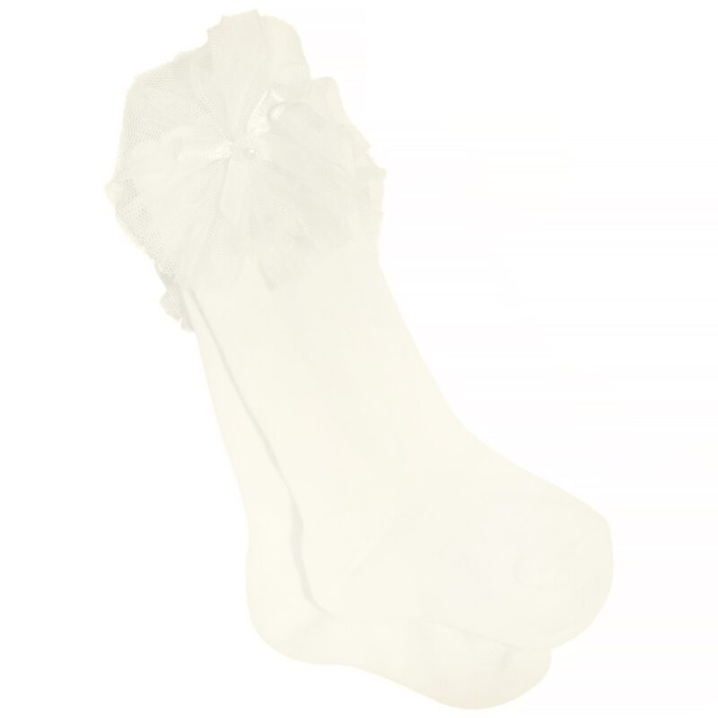JW Baby καλτσούλες εκρού με τούλι και πέρλα, ιδανικές για επίσημα σύνολα