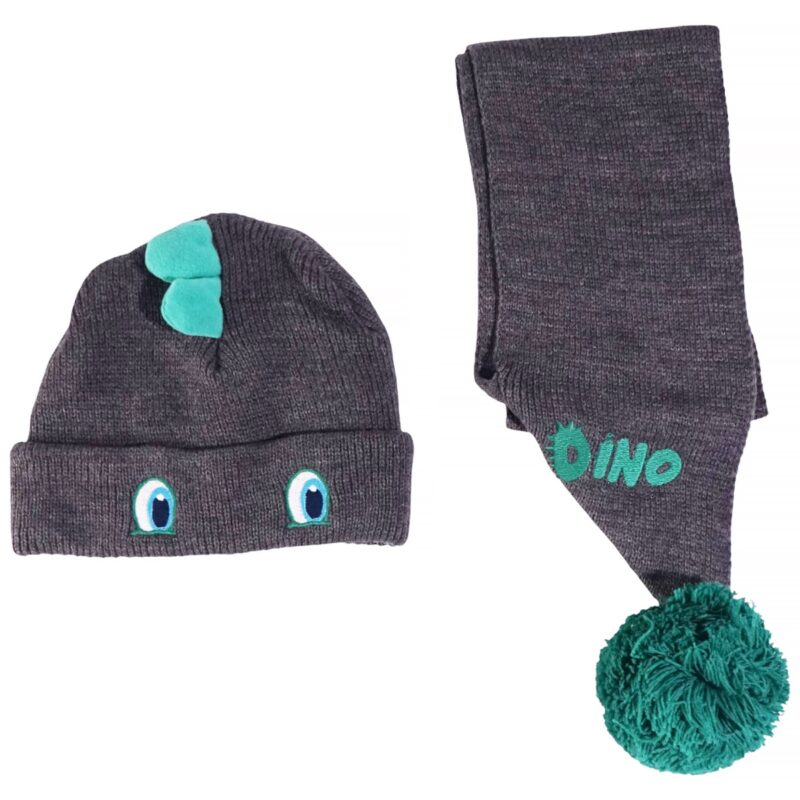 Kitti πλεκτό σετ σκούφος και κασκόλ γκρι Dino για αγόρι χειμώνα