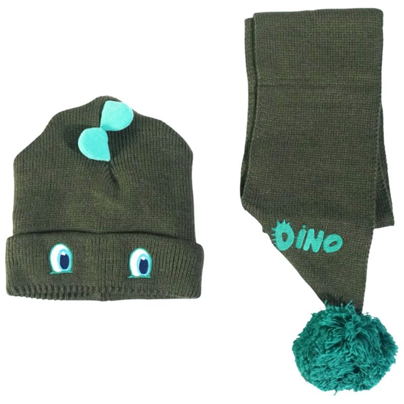 Σετ σκούφος και κασκόλ Kitti Dino, λαδί απόχρωση για πρακτικότητα
