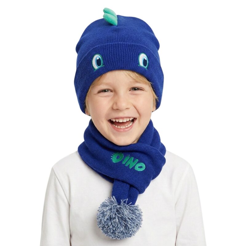 Kitti πλεκτό σετ σκούφος και κασκόλ «Blue Dino»