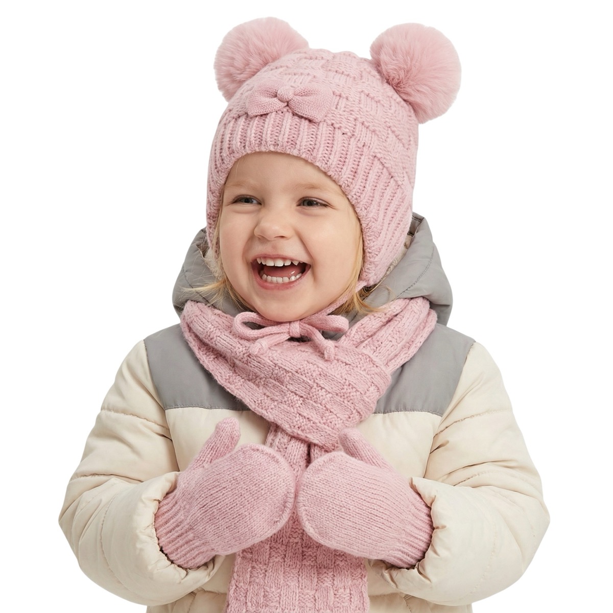 Kitti πλεκτό σετ σκούφος-κασκόλ-γάντια «Purple Bow»