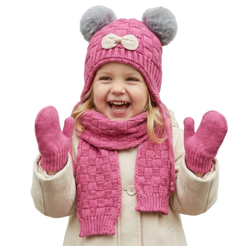 Kitti πλεκτό σετ σκούφος-κασκόλ-γάντια «Fuchsia Bow»