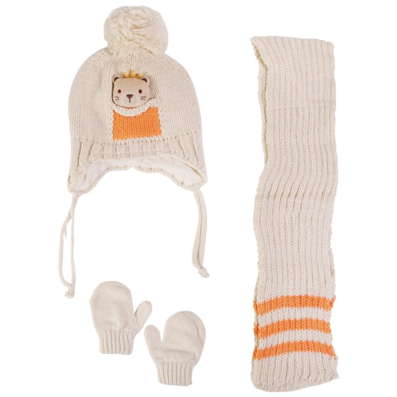 Kitti πλεκτό σετ για αγόρι μπεζ με σκούφο, κασκόλ και γάντια
