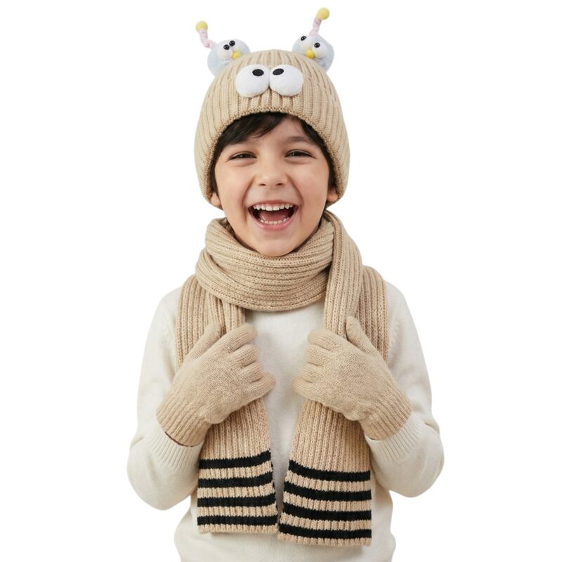 Kitti πλεκτό σετ σκούφος-κασκόλ-γάντια «Dark Beige Face»