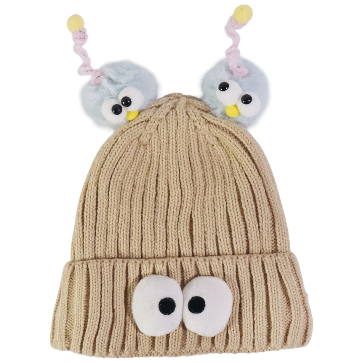 Σκούφος Kitti σκούρο μπεζ με ματάκια και λούτρινη λεπτομέρεια