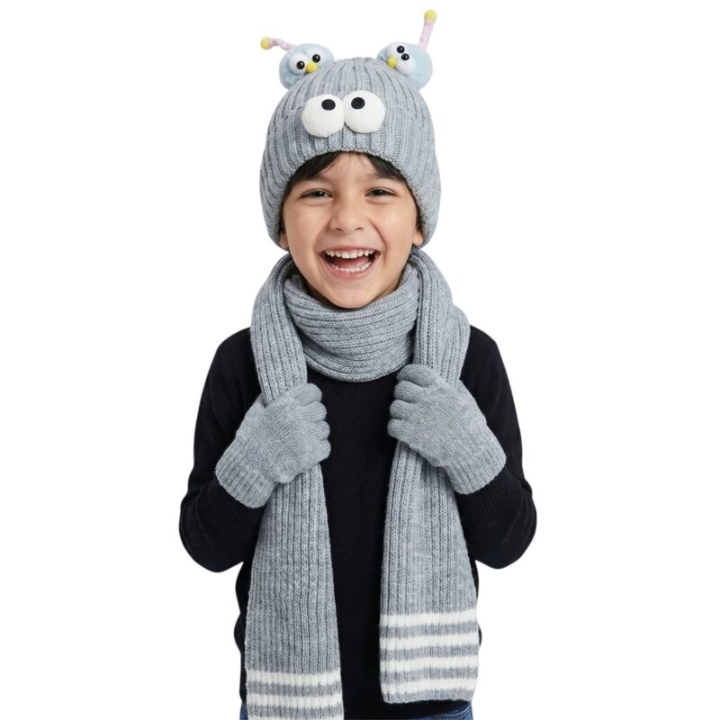 Kitti πλεκτό σετ σκούφος-κασκόλ-γάντια «Grey Face»