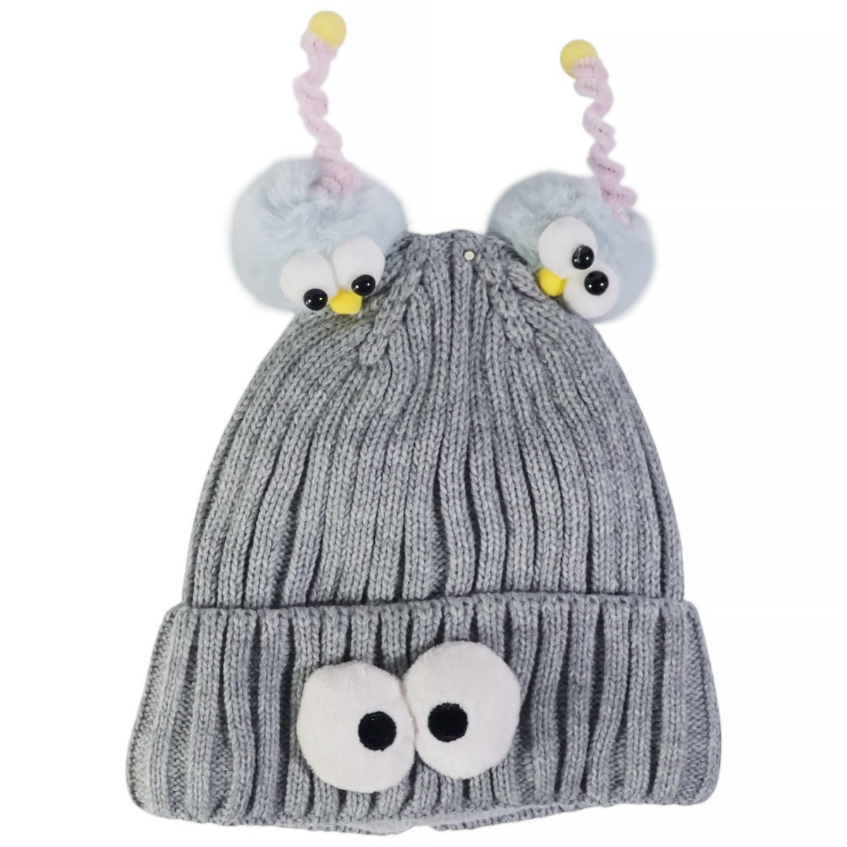 Σκούφος Kitti γκρι με ματάκια και λούτρινη λεπτομέρεια