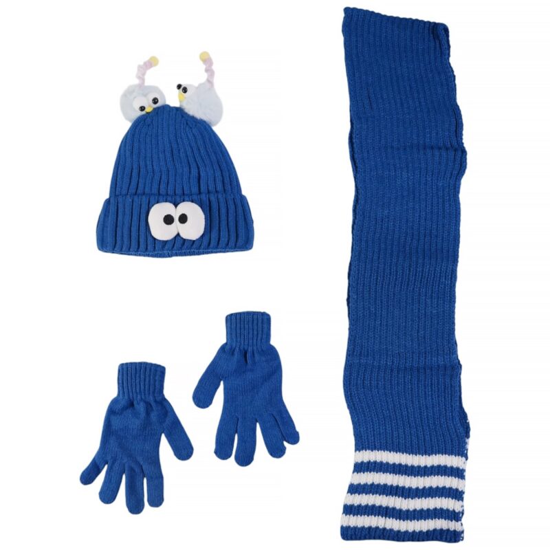 Kitti πλεκτό σετ για αγόρι μπλε με σκούφο, κασκόλ και γάντια