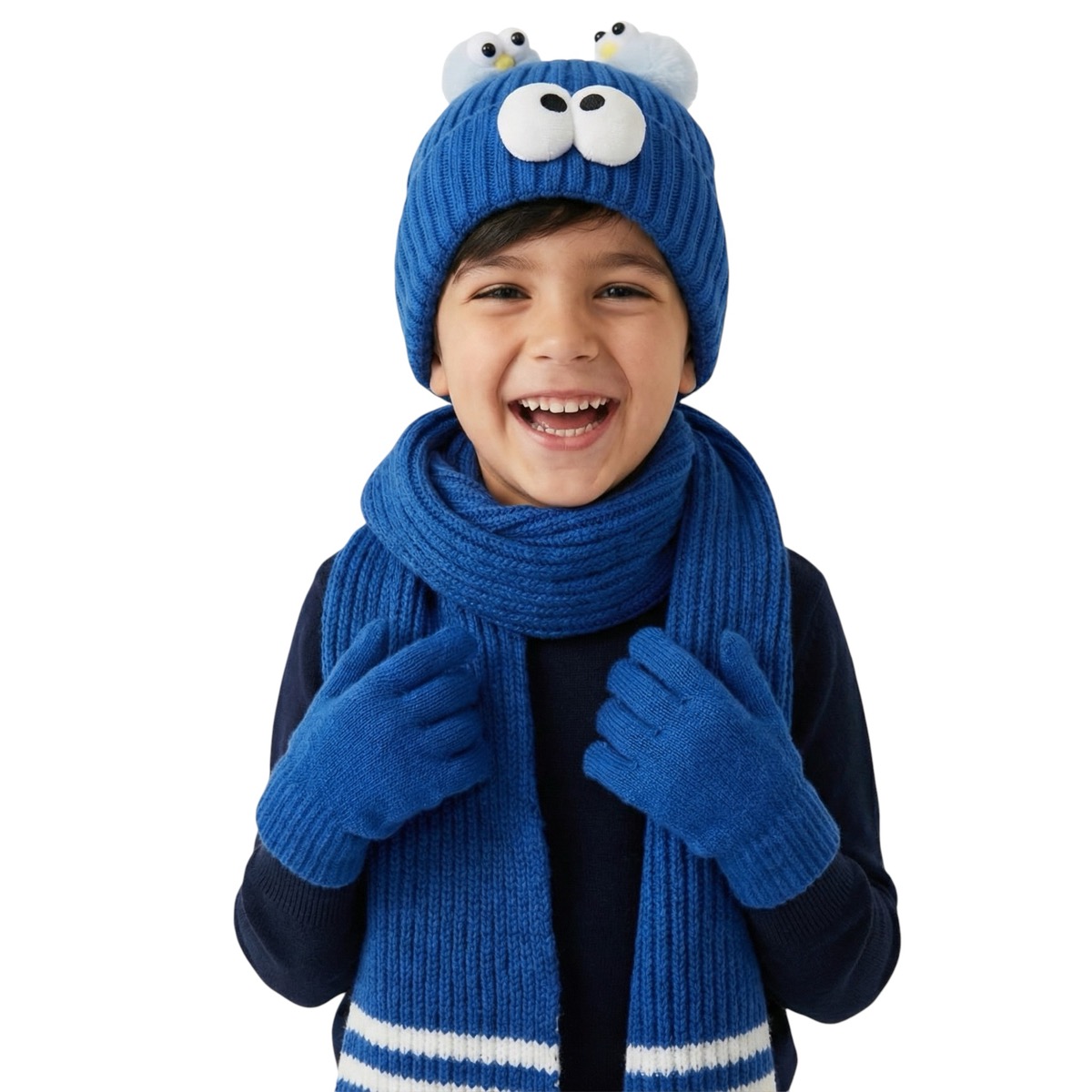 Kitti πλεκτό σετ σκούφος-κασκόλ-γάντια «Blue Face»