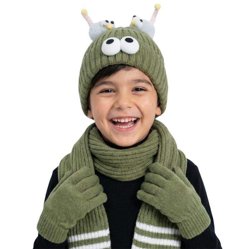 Kitti πλεκτό σετ σκούφος-κασκόλ-γάντια «Green Face»