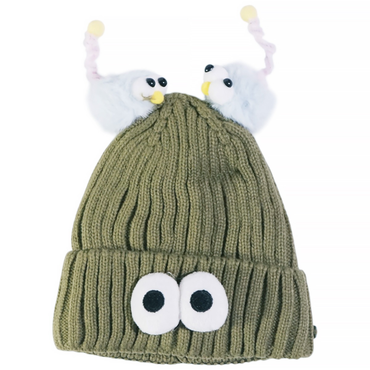 Πράσινος σκούφος Kitti για αγόρι με απλικέ ματάκια και λούτρινα