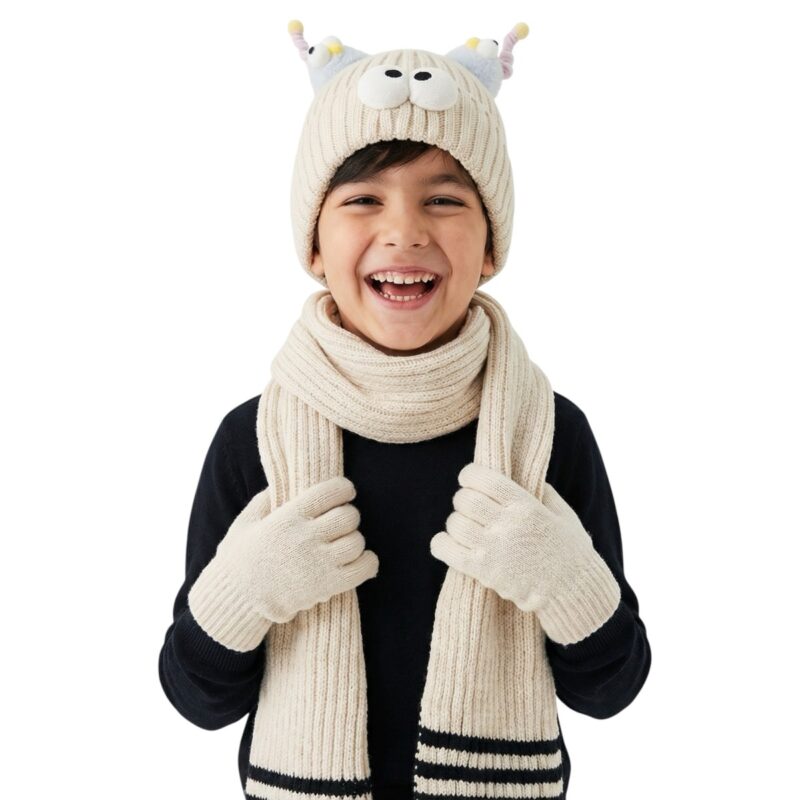 Kitti πλεκτό σετ σκούφος-κασκόλ-γάντια «Beige Face»