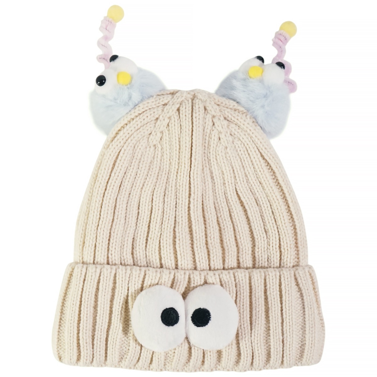 Μπεζ σκούφος Kitti για αγόρι με απλικέ ματάκια και λούτρινα