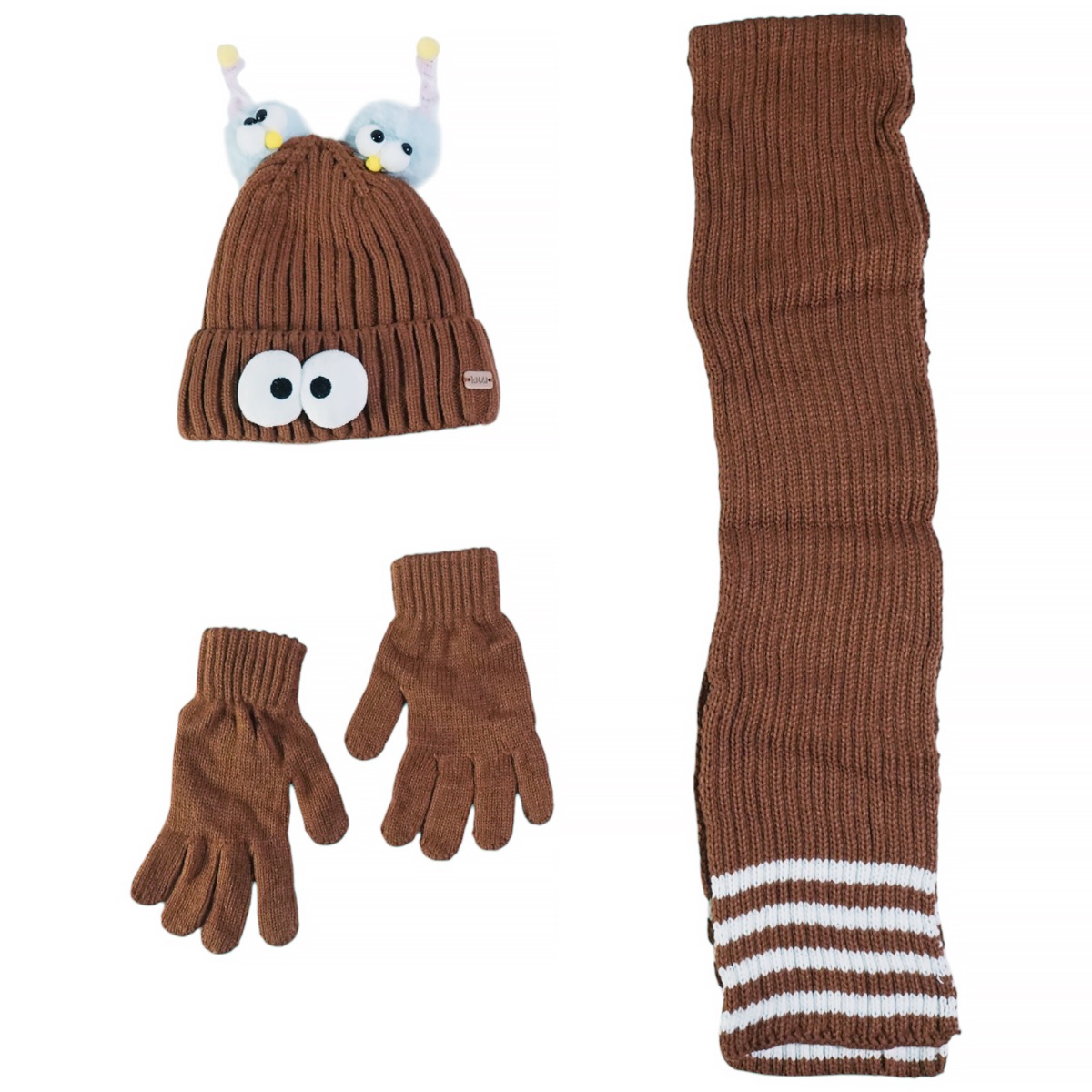 Kitti πλεκτό σετ για αγόρι καφέ με σκούφο, κασκόλ και γάντια