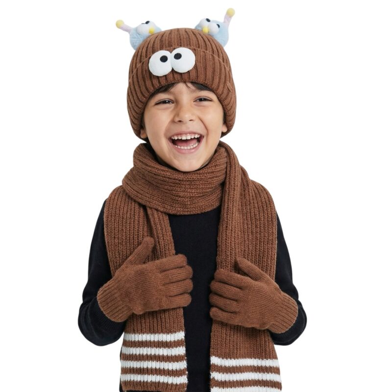 Kitti πλεκτό σετ σκούφος-κασκόλ-γάντια «Brown Face»